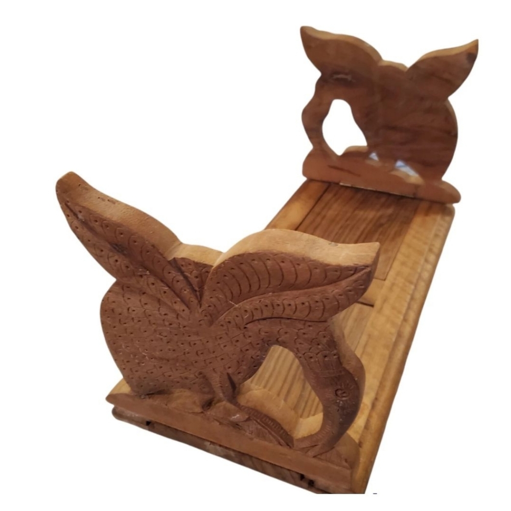 Vintage Carved hummingbird Wooden Expandable Book rack Folding Shelf bird